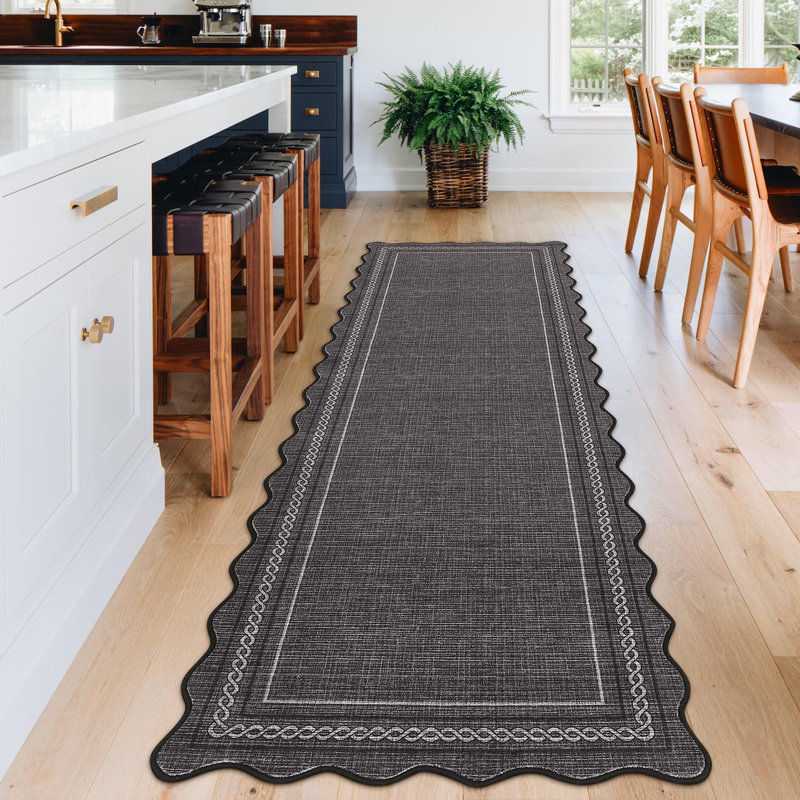 Scalloped Machine Washable Area Rug with Non Slip Backing Soft Faux Wool Low Pile Stain Resistant Easy Cleaning Carpet for Living Room Bedroom