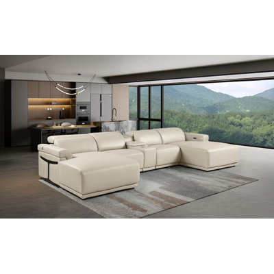 Canapé modulaire en U de 5 pièces beige en cuir fleur italien avec appuis-tête réglables - disposition ouverte