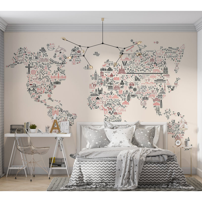 Papier peint pour enfants, carte du monde avec des icônes, L 39 po x L 27 po