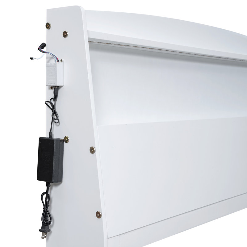 Lit plateforme avec tête de lit à DEL avec rangement, Blanc, Lit double