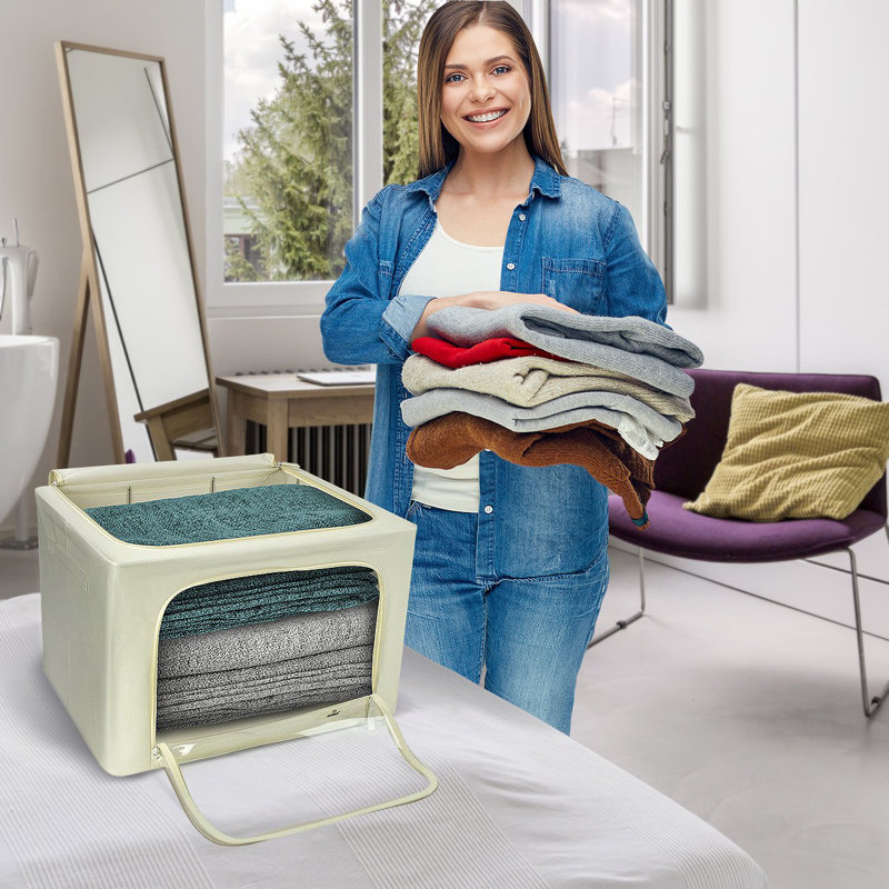 Medium Storage Box Foldable with Window & Handles 4 Pack, Beige