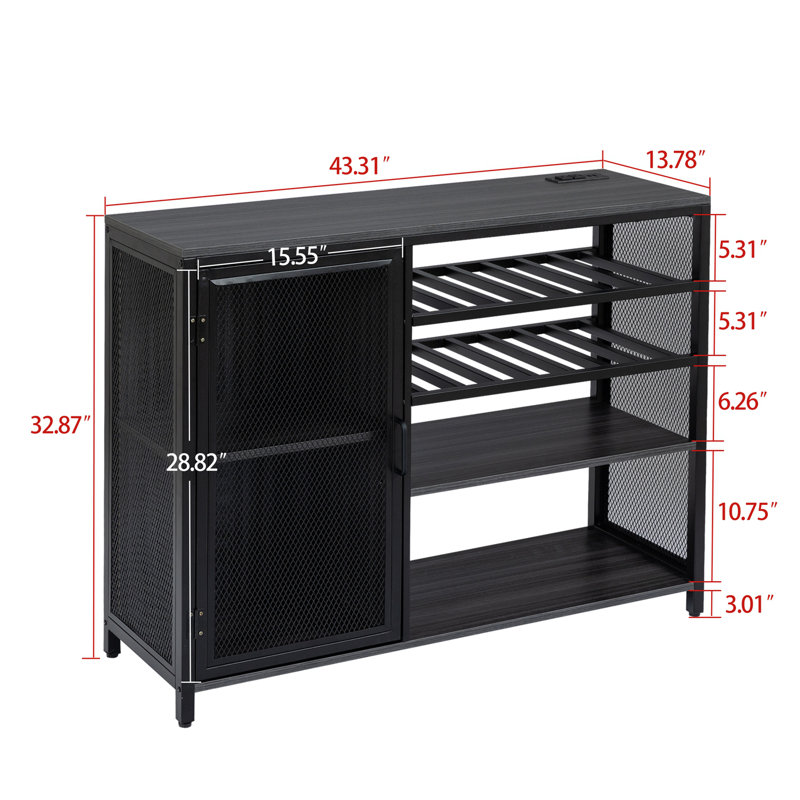 Gray and Silver Metal Bar Cabinet with Wine Racks and Stemware Holder