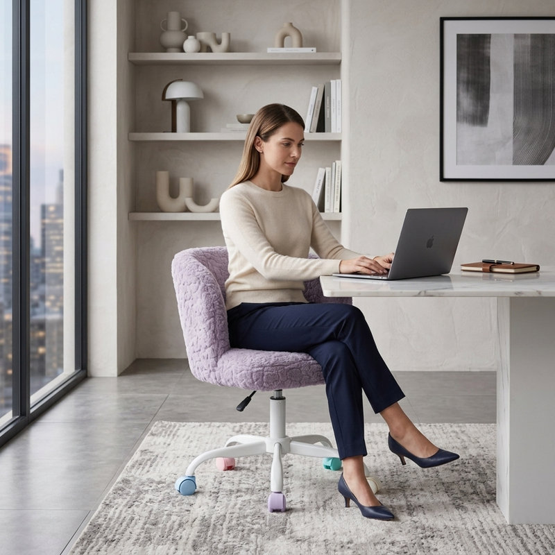 Chaise de bureau en fausse fourrure violette - Fauteuil de coiffeuse ergonomique réglable pour chambre à coucher et bureau personnel