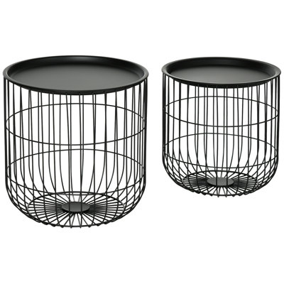 Nesting Coffee Tables, Round Coffee Table Set of 2 with Steel Wired Basket Body and Removable Top, Stacking End Tables Blanket Storage for Living Room