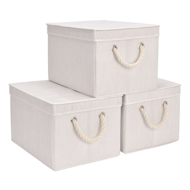 3 Piece Fabric Box Set with Lids and Handles, White, 10.4" H x 12.8" W x 17.1" D