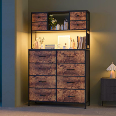 12-Drawer Dresser with Charging Station & LED Light, Metal Frame Fabric Storage with Open Shelves for Bedroom, Living Room