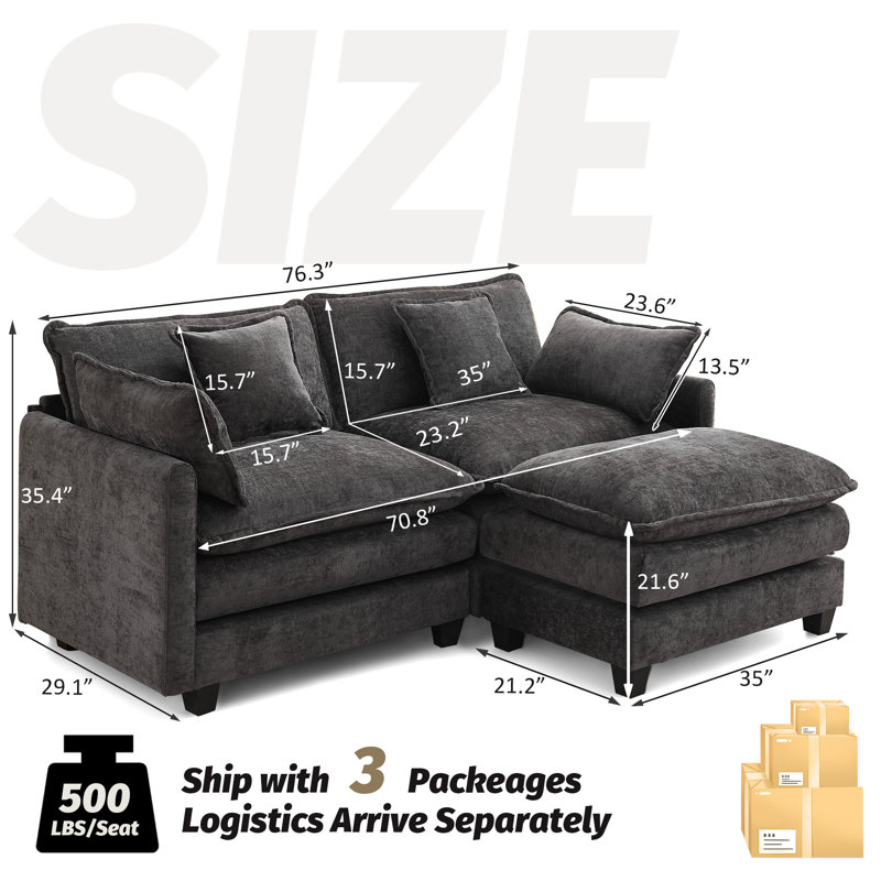 Canapé modulaire rembourré en chenille avec repose-pieds Chenille, 3, Gris foncé