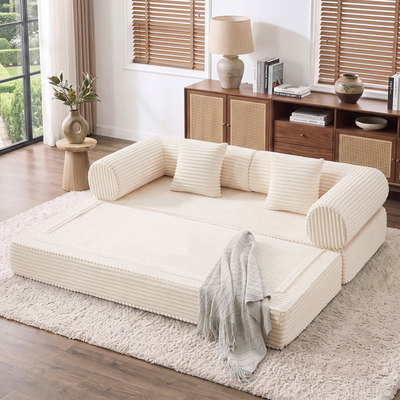 Canapé-lit modulaire en velours côtelé Boneless, convertible avec assise profonde et coussins moelleux, Beige