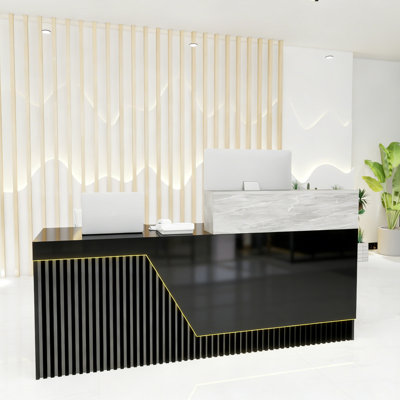 Bureau de réception noir 63 po, comptoir de caisse avec lumières à DEL RVB, panneau de grille à lattes, bureau de réception pour 2 personnes pour bureau à domicile, salon de coiffure, salon de beauté