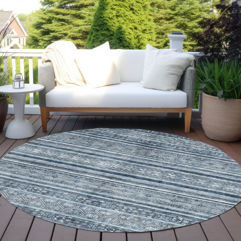 Machine Washable Indoor/Outdoor Claudian ACN1653 Blue Rug, Round 8'