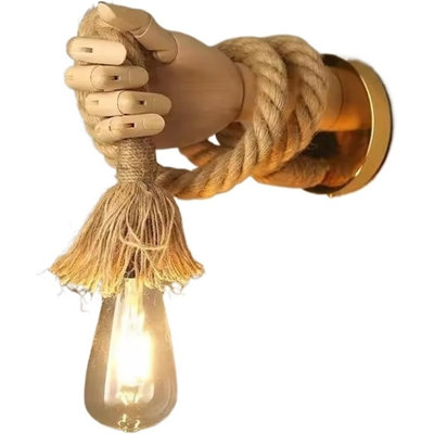 Rustic Hand-shaped Wall Sconce - Industrial Hemp Rope & Wood Wall Light With Creative Retro Design For Hallways, Bedrooms, And Vanities, E27 Base (right Hand)