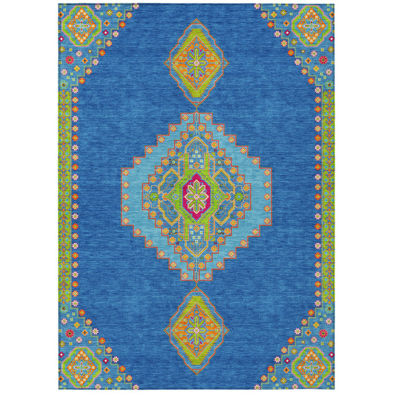 3' X 5' Denim Blue Red And Green Oriental Washable Indoor Outdoor Area Rug
