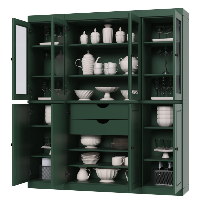 Armoire de cuisine haute 100% en bois massif avec portes en verre et 2 tiroirs, tablettes réglables, armoire de rangement modulaire de cuisine Pulcova, l 65 po x H 71,5 po