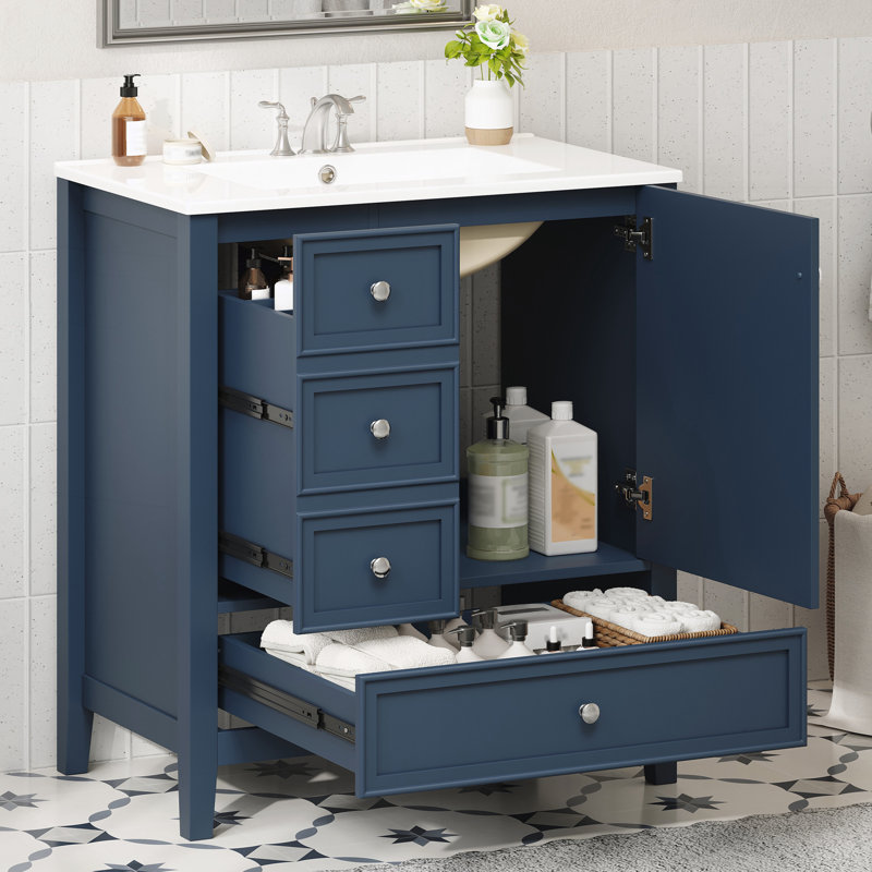 Meuble-lavabo 30 po avec lavabo, 1 armoire et 3 tiroirs, Bleu