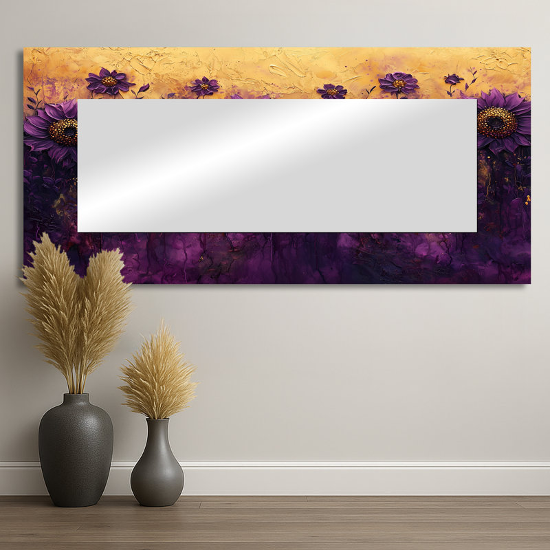 Champ de tournesols lilas foncé - Art mural miroir floral - imprimé sur métal, 28" x 60"