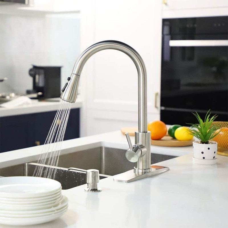 Kitchen Faucet with Soap Dispenser 304 Stainless Steel Kitchen Sink Faucet with Pull Down Sprayer 3 Modes, Single Handle High Arc Mixer Taps for Sink RV Laundry, Bar