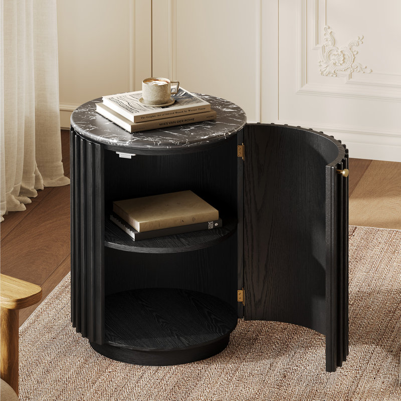  Hernest 16 inch Black Oak Side Table with Engineered Stone Top for Living Room