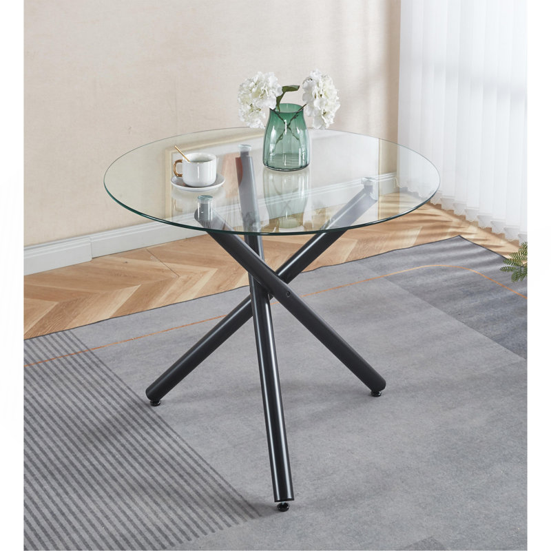 Table de salle à manger ronde avec pieds en métal noir et verre trempé, table de cuisine moderne pour le salon