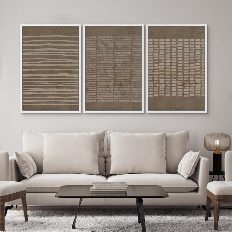 Geometric Line " No Texture Print - Grunge Greenish Brown Line Art, Abstract Neutral Artwork, Framed 3 Pieces Wall Art - Giclee Canvas Digital Print "