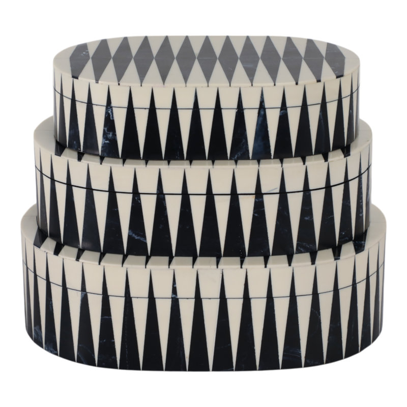 Decorative Bone Inlay Storage Boxes with Lids - Handmade Oval Trinket Boxes for Elegant Organization - Set of 3.