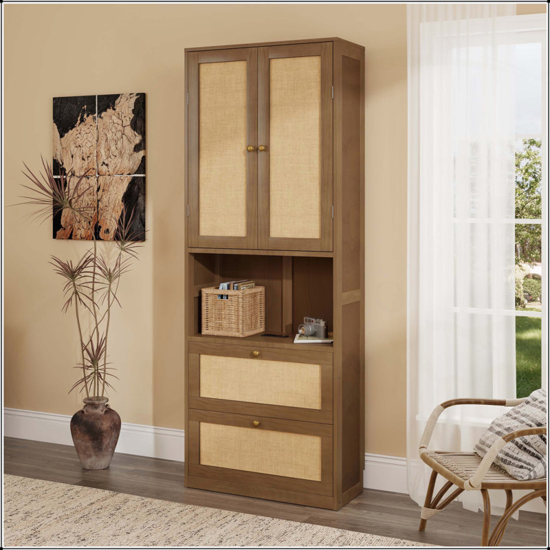 Versatile 2-Door Bookshelf with USB Port and 3 Drawers for Efficient Storage, Walnut