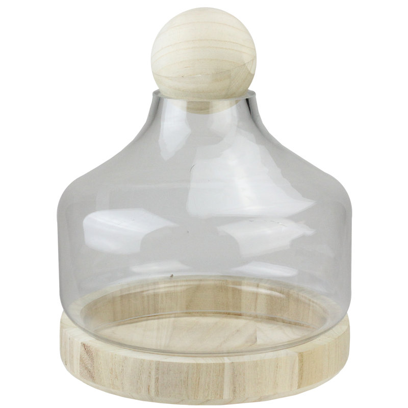 Ouragan en verre transparent 11,75 "avec couvercle et base décoratifs en bois