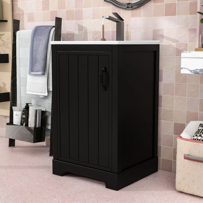 Meuble-lavabo simple en bois autoportant avec lavabo en céramique, tablette réglable et porte à fermeture en douceur