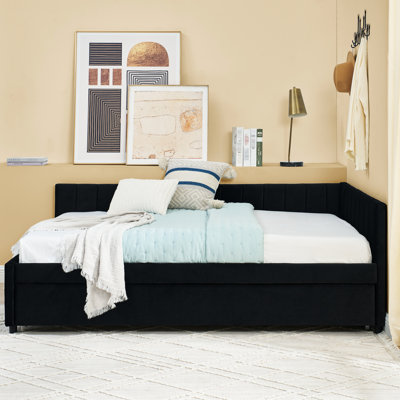 Velvet Black Full Size Upholstered Bed With Trundle, Comfortable Back And , Vertical Stripe On , Suitable For Bedroom Cafe, Easy To Assemble, Strong Eucalyptus Frame Daybed In Pattern A Cute Mid -