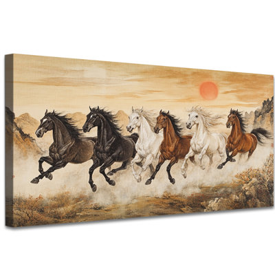 Grand sept étalons de course, art mural - superbe impression de photos de chevaux, peinture dynamique sur toile de cheval pour le salon, impressions sur toile encadrées de pin naturel,