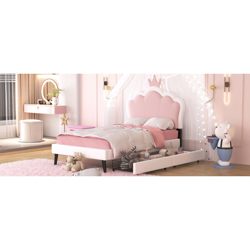 Lit taille tapissier Princess avec tête de lit couronne et 2 tiroirs, lit plateforme avec tête de lit et pied de lit