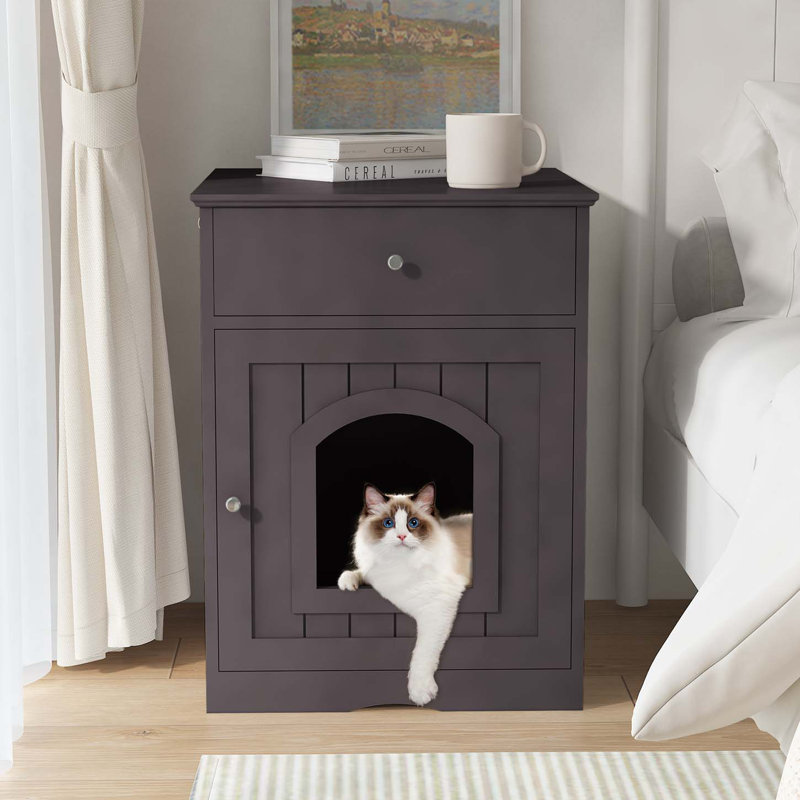 Brown MDF Cat Litter Box Enclosure Side Table with Drawer