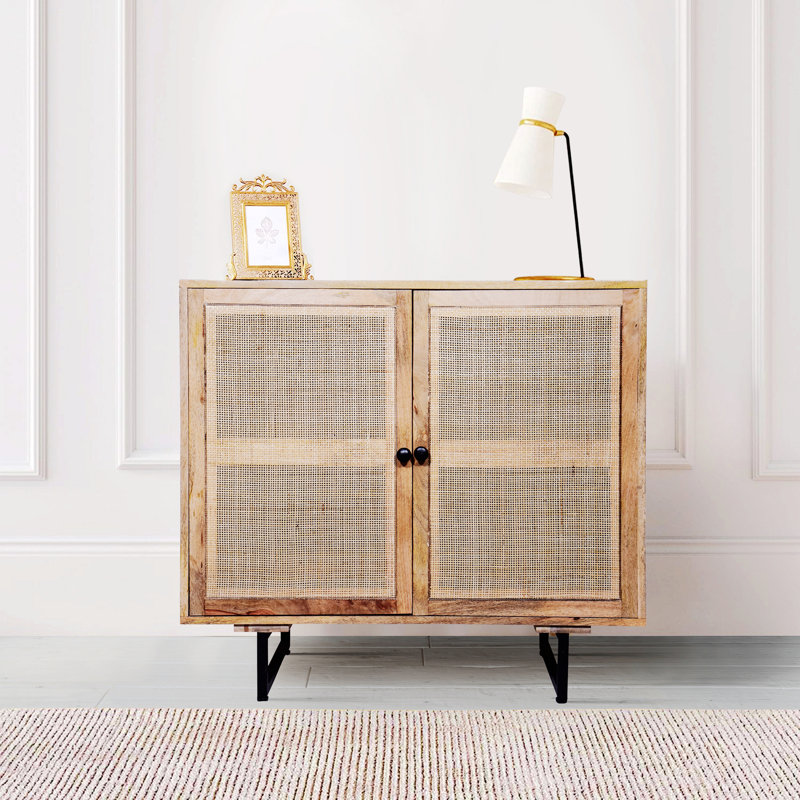 Noland 35 Inch  Brown Accent Cabinet with 2 Rattan Doors, Black Iron Legs