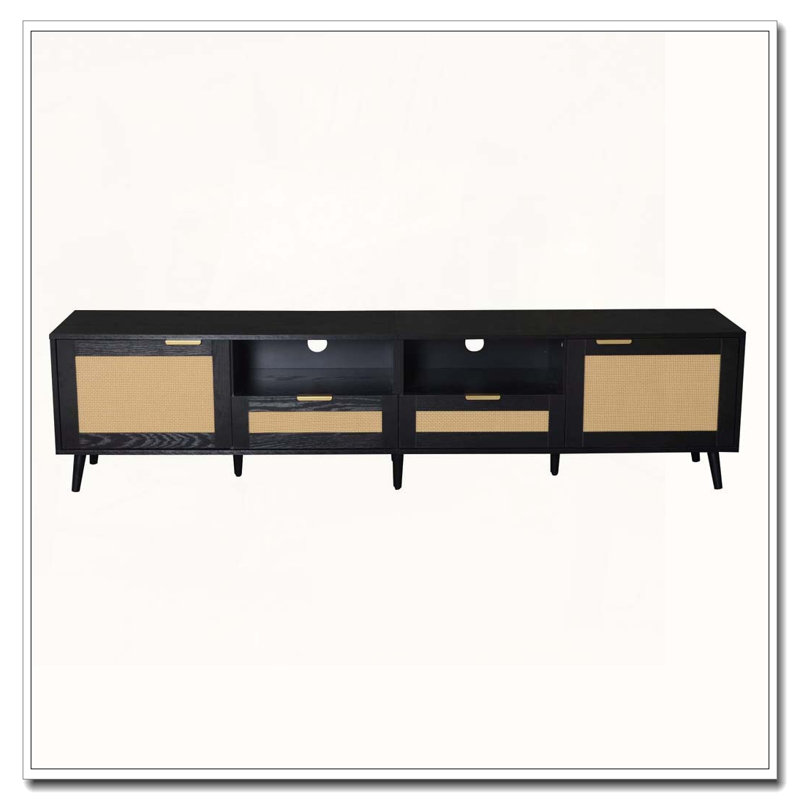 Farmhouse Media Console Rattan TV Stand for TVs up to 85'' with Solid Wood Legs, TV Cabinet for Living Room, Black/Natural