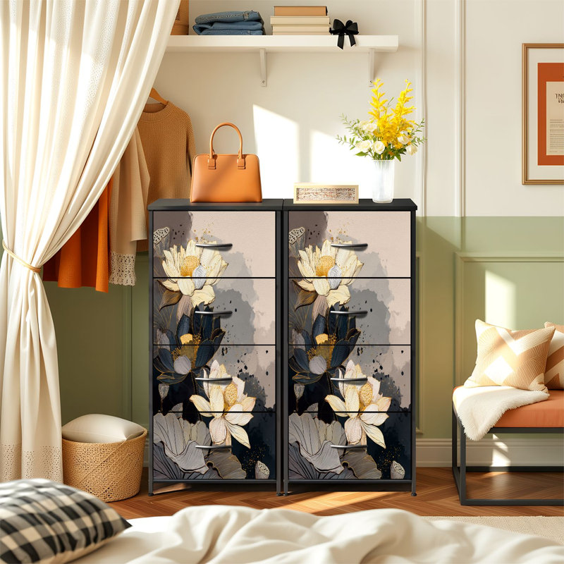 Commode pour la chambre à coucher avec 4 tiroirs de rangement Fleurs de lotus élégantes Beige doux Aquarelle noire Commodes à commode en acier avec structure en acier pour vestibule