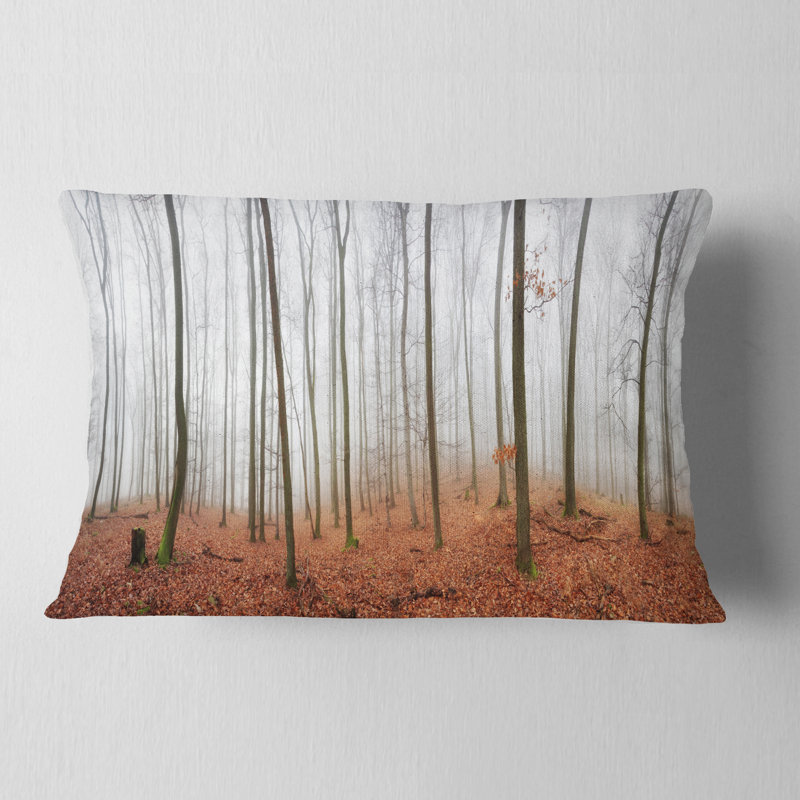 Coussin de forêt d’automne avec arbres au brouillard lombaire