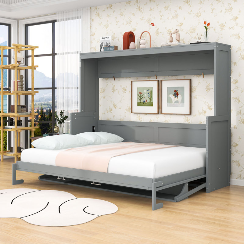 Wooden Murphy Bed with Folding Desk and Built-in Storage for Small Spaces, Queen, Gray