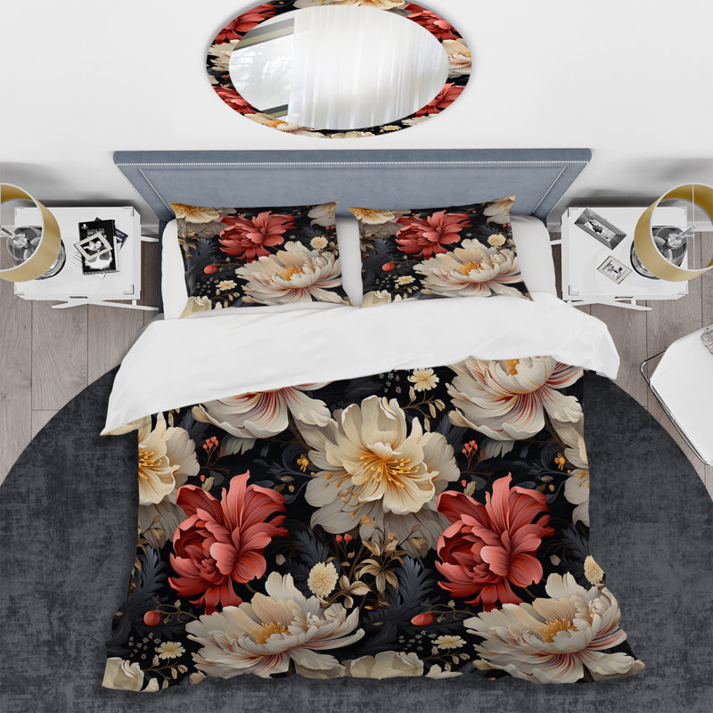 Pivoine blanche et rose - ensemble de housse de couette floral - microfibre de polyester