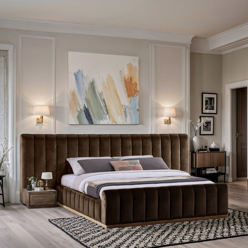 Amara Velvet Bed, King, Brown Velvet