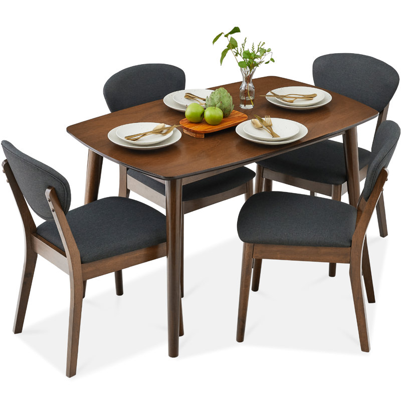 5-Piece Compact Wooden Mid-Century Modern Dining Set w/ 4 Chairs, Padded Seat & Back, Charcoal/Walnut
