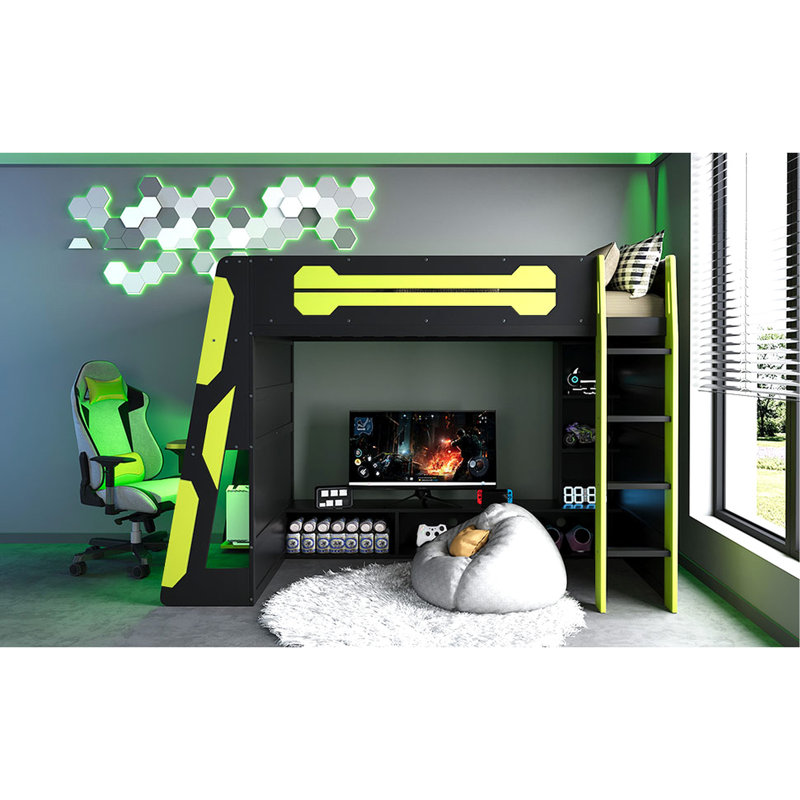 - Lit mezzanine simple conçu avec éclairage, bureau et rangement, sous la zone pour le divertissement de la console, option de travail et de jeu tout-en-un en bois, tablettes, travail conçu, espace de jeu