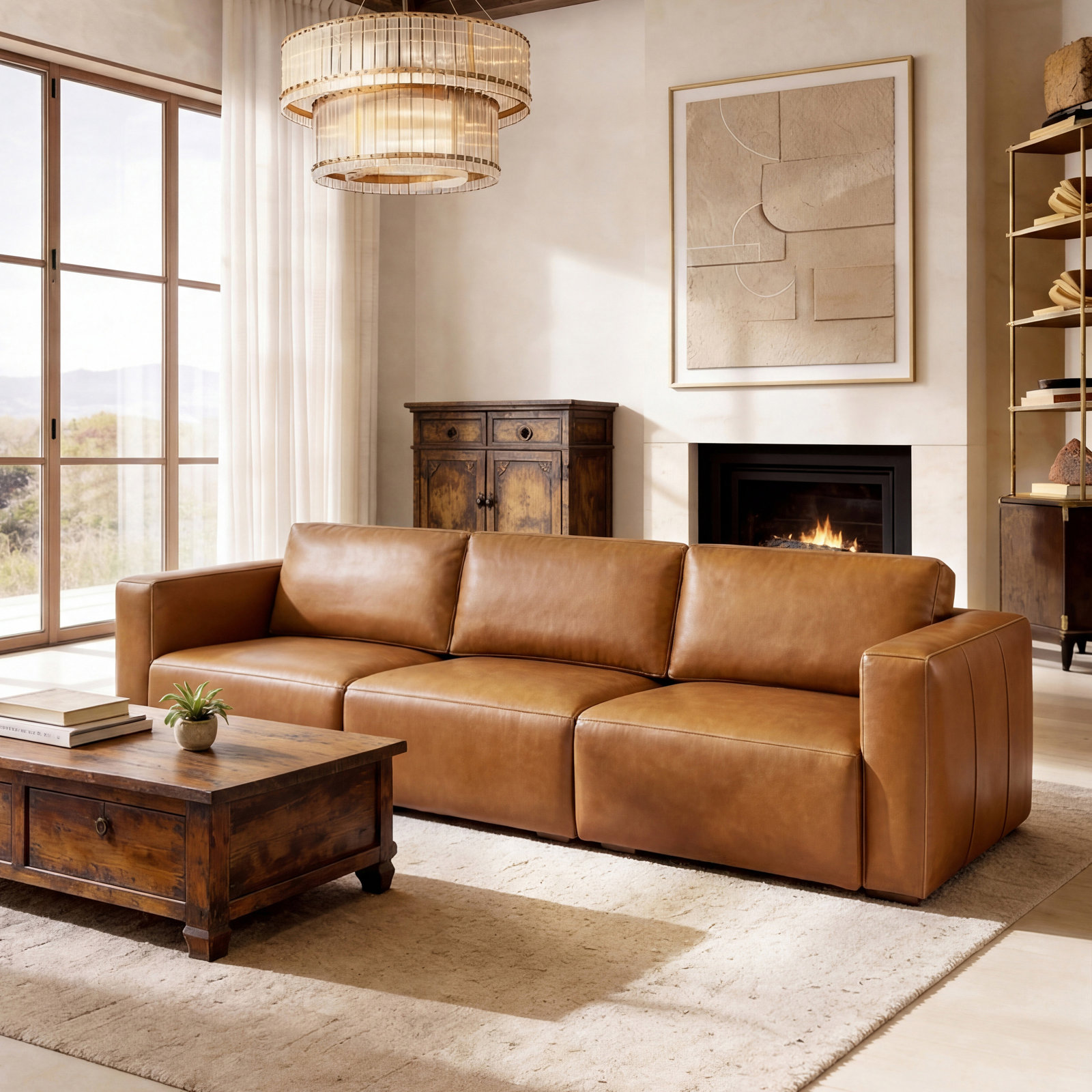 91" Genuine Leather Modular Sofa, Chestnut 