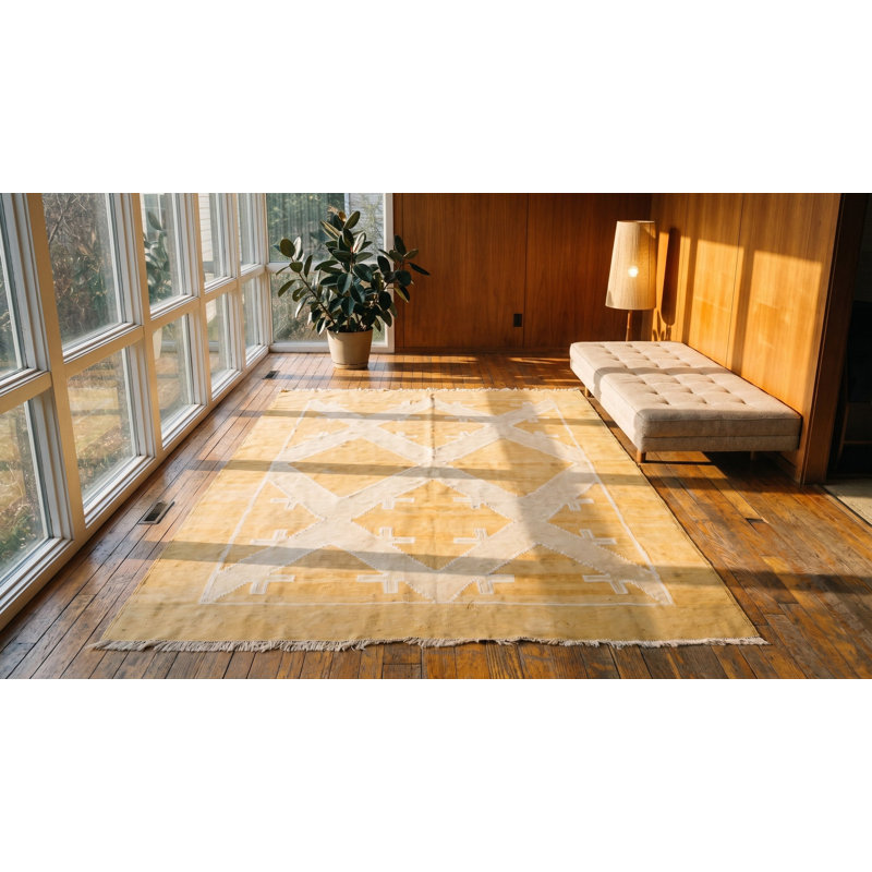 Small Size Gold Geometric Design Antique Cotton Dhurrie Rug