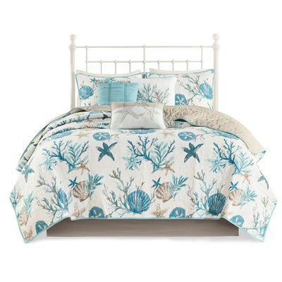 King/ King 6 Piece Cotton Quilt - Coastal Theme With Printed Shells, Starfish, Corals Exotic