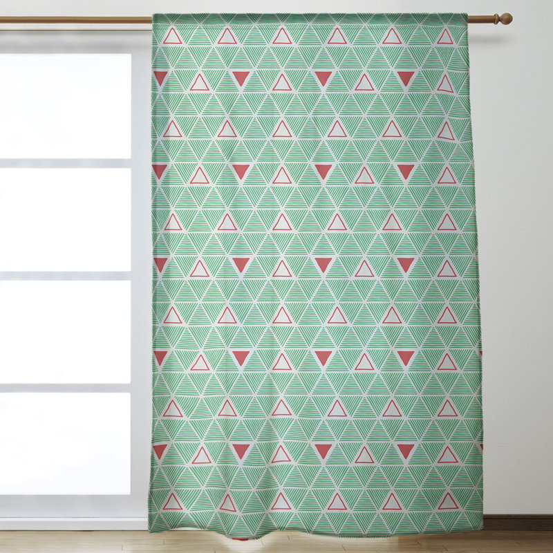 Classic Hand Drawn Triangles Geometric Room Darkening Thermal Rod Pocket Single Curtain Panel, Green/Red