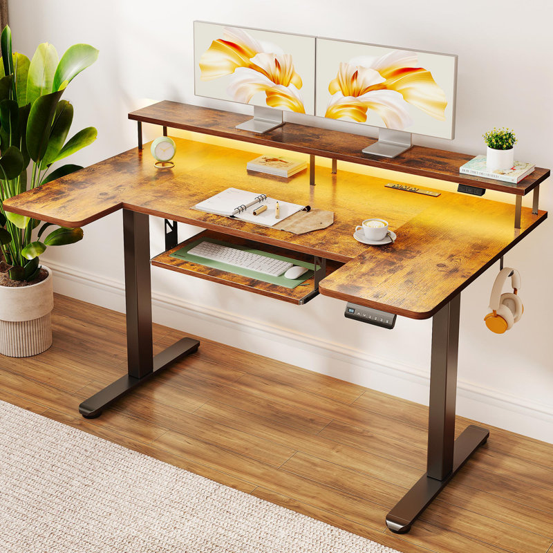 Joyful Electric U-Shaped Standing Desk with LED Lights, Brown/Black