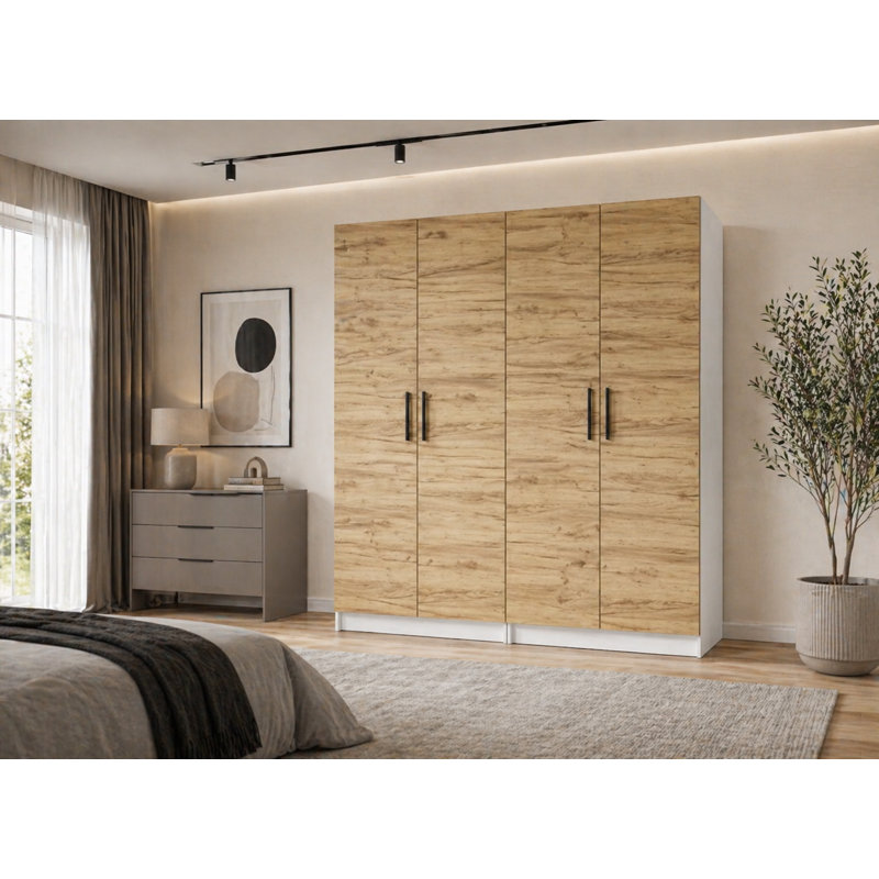 Nitra 4 Door Solid + Manufactured Wood Wardrobe, White/Oak Craft Gold