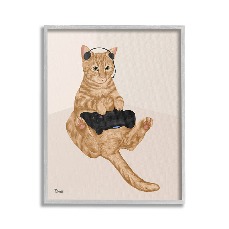 " Gamer Tabby Cat " by Tara Royle on Canvas, 20" H x 16" W, White Frame