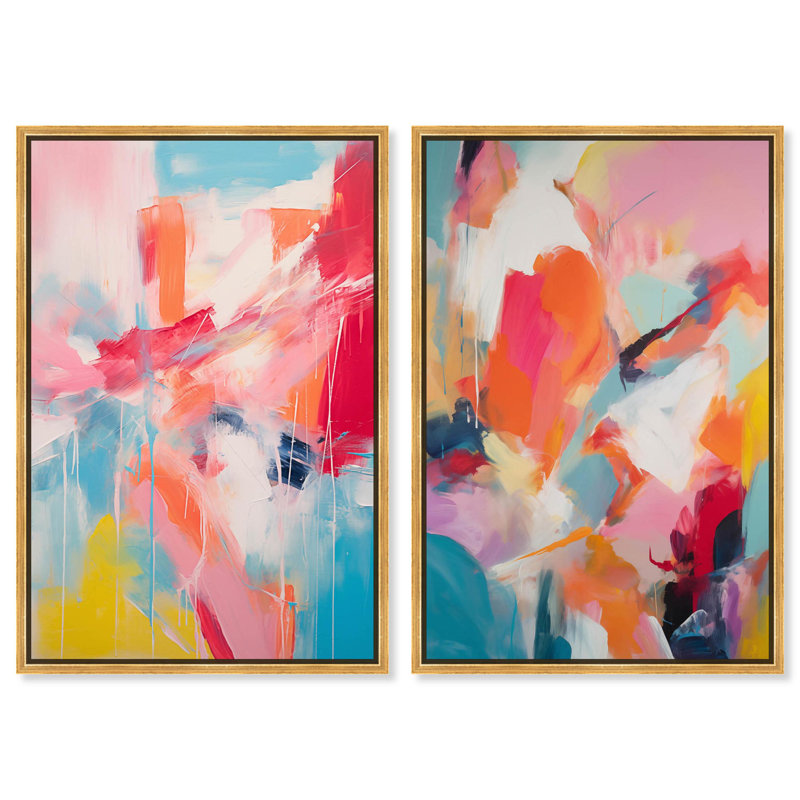 «Abstract Sober Set», ensemble de 2 œuvres d'art minimalistes par Art Remedy, H 30 po x l 20 po, Cadre flottant doré