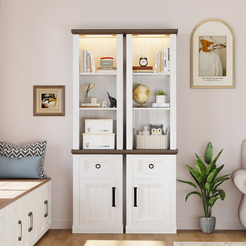 69.3“H × 29.2"W Bookshelf Set With Storage Cabinet & Adjustable Shelves, 3 Tier Bookshelf, Book Case With Cabinet And Drawer, Adjustable Led Light Freestanding Display Book Shelf, Large Wood Bookcases For Living Room Bedroom Home Office