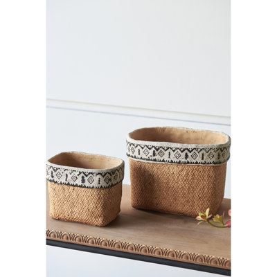Vihaas Rectangular Basket Planters With Geometric Trim - Of 2 Brown Multi Cement For Indoor Outdoor Decor, L:10.4X8.7X7.9 S:7.3X5.5X5.9 Inches, 12.1 Lbs Use,